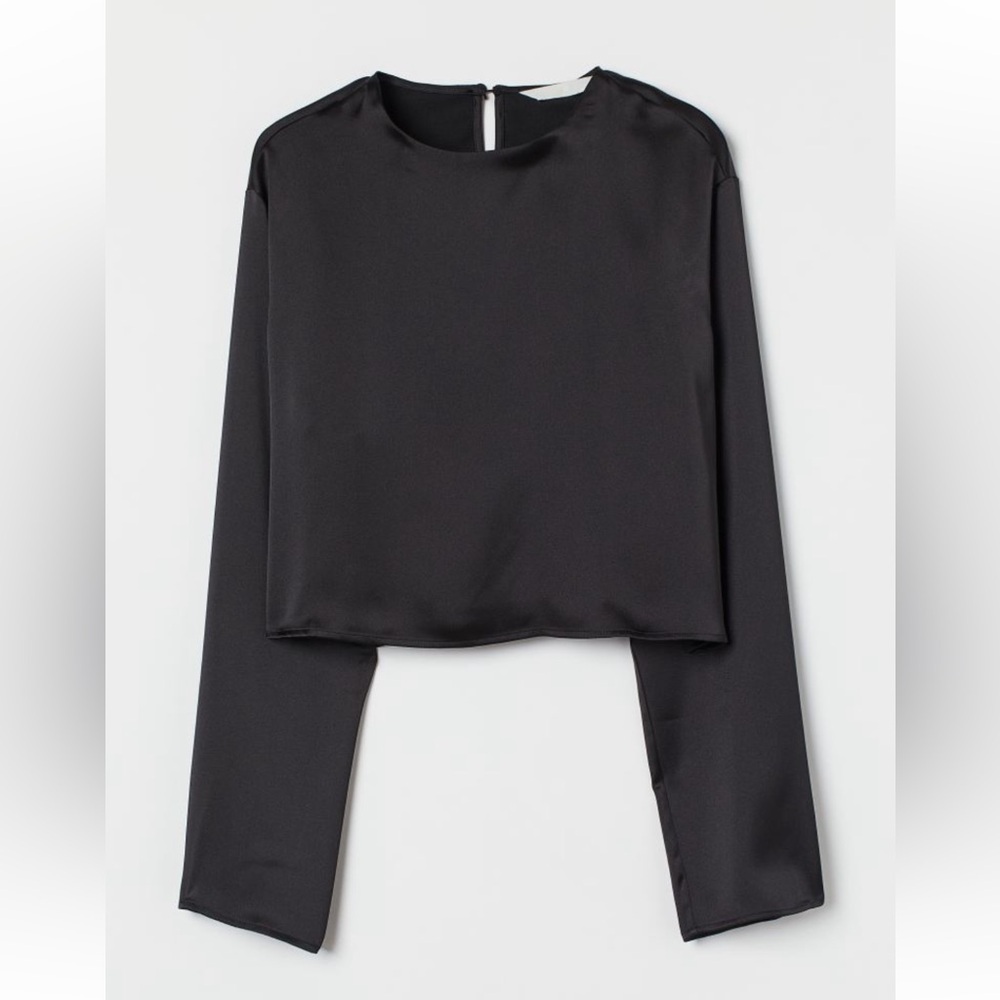 H&M Black Satin Long Sleeve Cropped Blouse